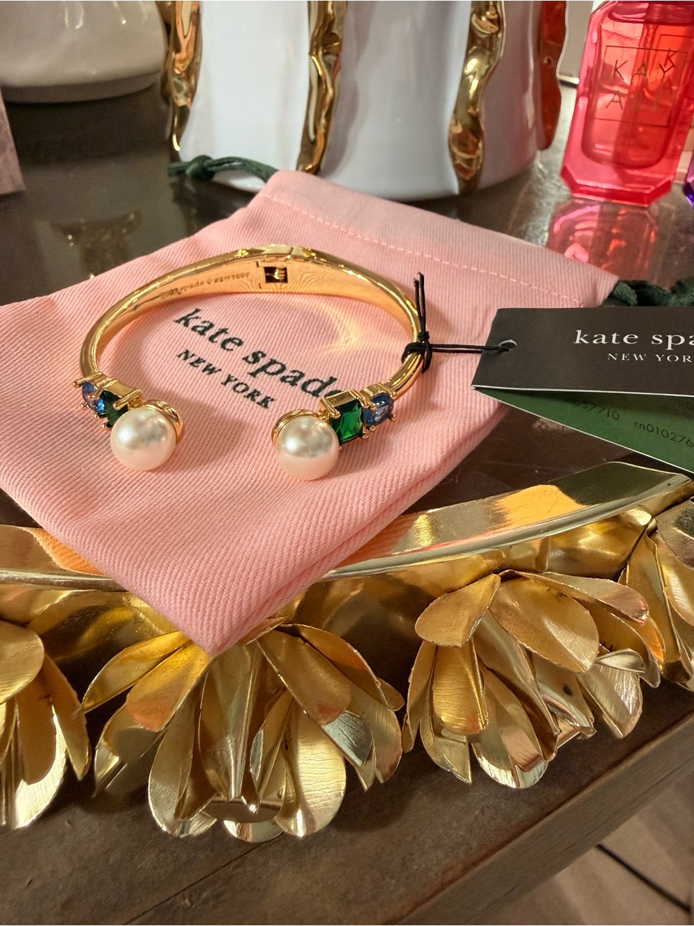 kate spade Gold-Tone Cuff with Pearl, Green and Blue Stones